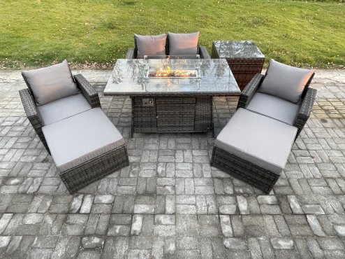 Fimous Outdoor Garden Dining Sets 6 Seater Rattan Patio Furniture Sofa Set with Gas Firepit Table 2 Big Footstool Side Table Dark Grey Mixed