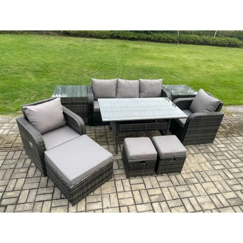 Fimous 9 Pcs Rattan Outdoor Garden Furniture Set Rectangular Dining Table and Chair Sofa Set With 2 Side Tables 3 Footstools Dark Grey Mixed