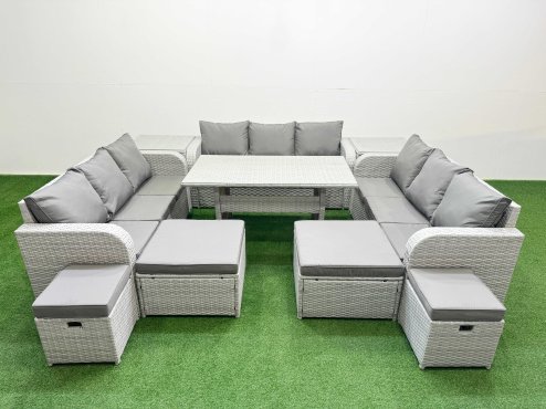 Fimous PE Rattan Lounge Sofa Set 10 Seater Outdoor Garden Furniture Set with Dining Table 3 Seater Sofa 2 Big Footstools 2 Side Tables Light Grey