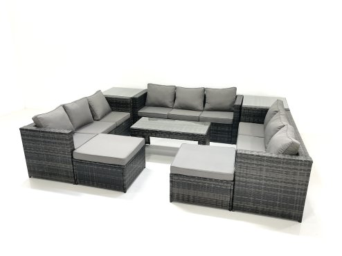 Fimous Outdoor Garden Furniture Set 8 Pieces Rattan Sofa Set with Coffee Table 2 Big Footstools Side Table Dark Grey Mixed