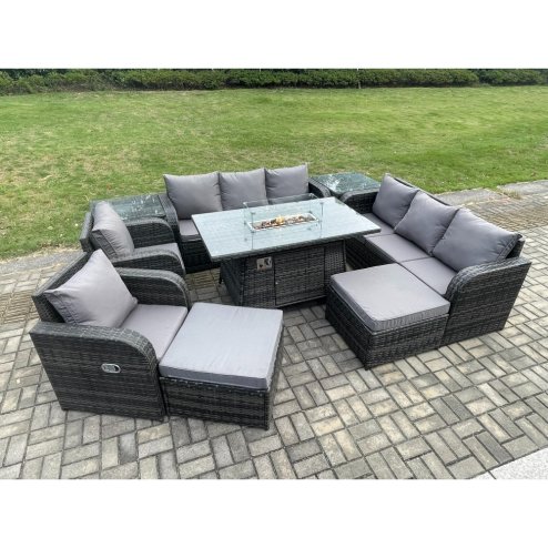 Fimous Rattan Outdoor Furniture Gas Fire Pit Rectangle Dining Table Gas Heater Reclining Chair 3 Seater Sofa Sets with Side Table 10 Seater