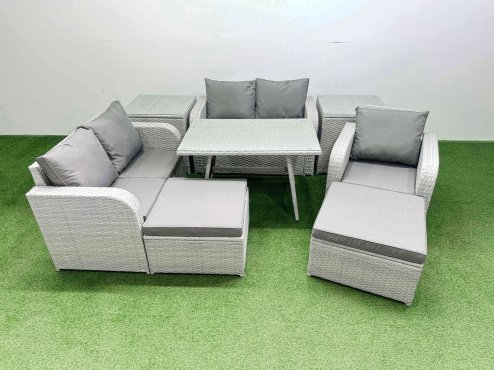 Fimous 7 Seater Outdoor Rattan Garden Furniture Set Love Sofa Reclining Chair Set with Rectangular Dining Table 2 Side Tables 2 Big Footstools Light Grey