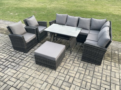 Fimous High Back Outdoor Garden Furniture Set Rattan Corner Sofa Dining Table Set With 2 Armchairs Big Footstool 9 Seater Dark Grey Mixed