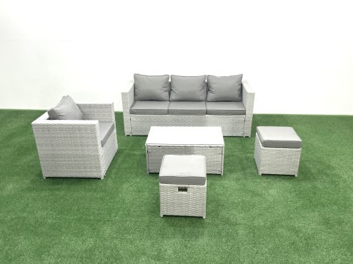 Fimous Rattan Garden Furniture Set with 3 Seater Sofa Chair Rectangular Coffee Table 2 Small Footstools Light Grey Mixed 6 Seater