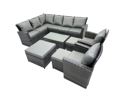 Fimous 11 Seat Rattan High Back Corner Sofa Set Patio Coffee Table Sets with 3 Stools Chair Dark Grey Mixed