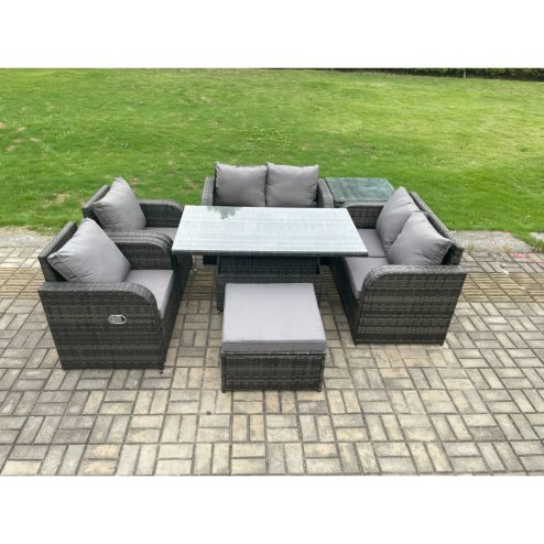 Fimous Rattan Furniture Outdoor Garden Dining Set Patio Height Adjustable Rising lifting Table Love Sofa Chair With Side Table Big Footstool