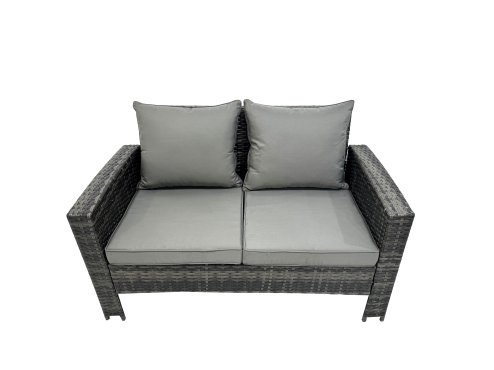 Fimous 8 Seater Wicker PE Rattan Furniture Outdoor Dining Table Double Seat Sofa 2 Side Tables 4 Stools Set Dark Grey Mixed