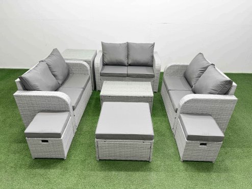 Fimous 9 Seater PE Wicker Rattan Furniture Sofa Sets with Rectangular Coffee Table 2 Seater Love Sofa 3 Stool Side Table Light Grey