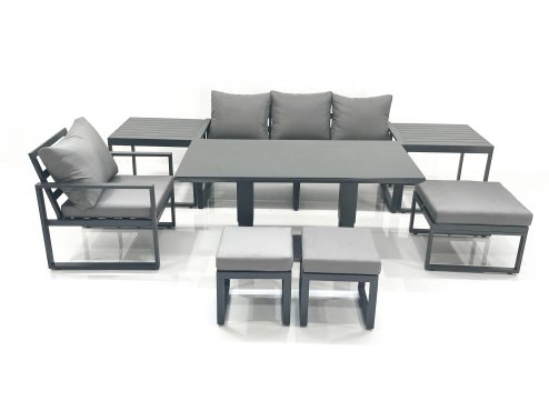 Fimous 7 Seater Garden Sofa Set Aluminium Furniture Rising Dining Tabe Set with Chair 3 Footstool 2 Side Tables Dark Grey