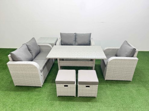 Fimous High Back Poly Rattan Garden Furniture Set with Reclining Chair Loveseat Sofa Rectangular Dining Table Indoor Outdoor Patio Set 2 Stool Side Table Light Grey Image