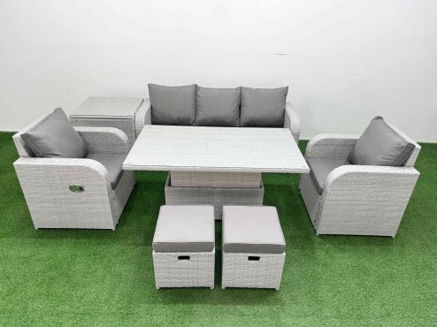 Fimous PE Rattan Garden Furniture Set Reclining Chair Sofa Lounge Sofa Set Adjustable Lifting Dining or Coffee Table Side Table 2 Small Stools Light Grey