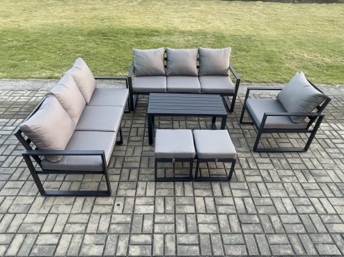 Fimous Aluminium 9 Seater Garden Furniture Outdoor Patio Sofa Set with Rectangular Coffee Table Armchair 2 Small Footstool Dark Grey