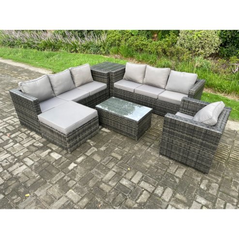 Fimous Wicker PE Rattan Sofa Set Outdoor Patio Garden Furniture with Armchair Oblong Coffee Table Side Table Big Footstool Dark Grey Mixed
