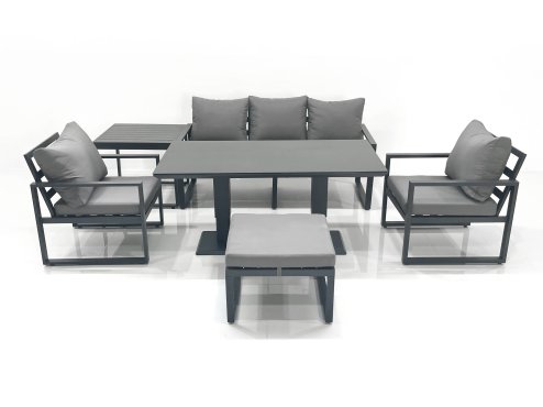 Fimous Outdoor Aluminium Garden Furniture Set with Adjustable Rising Lifting Dining Table 3 Seater Sofa 2 Chair Big Footstool Side Table Dark Grey