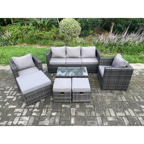 Fimous Outdoor Rattan Garden Furniture Set with 3 Seater Sofa Coffee Table 2 Armchairs 3 Footstools Patio Lounge Sofa Set Dark Grey Mixed