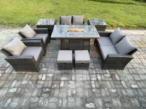 Fimous Outdoor Garden Furniture Sets 9 Pieces Wicker Rattan Furniture Gas Firepit Dining Table Sofa Set with 2 Small Footstools 2 Side Tables Dark Grey Mixed