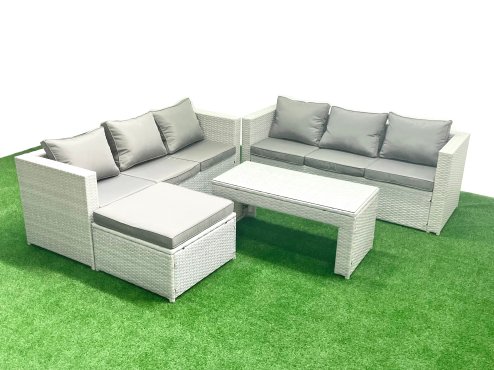 Fimous 7 Seater Garden Outdoor Rattan Furniture Set Rattan Garden Sofa Oblong Coffee Table with Big Footstool Light Grey Mixed Image