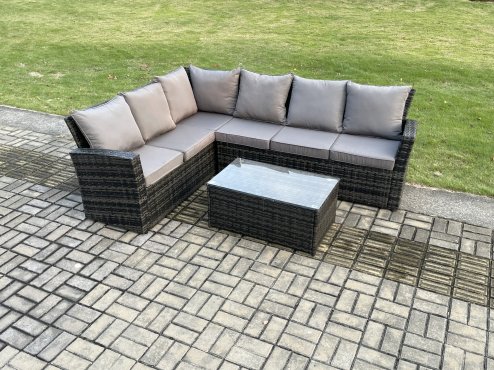 Fimous 6 Seater High Back Rattan Garden Furniture Set Corner Sofa With Rectangular Coffee Table