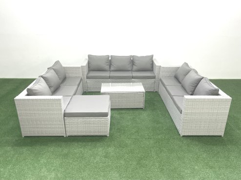 Fimous Rattan Garden Outdoor Furniture Set 10 Seater Garden Sofa Coffee Table Set with Big Footstool Light Grey Mixed