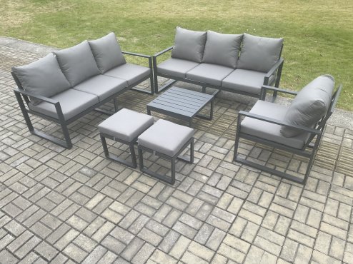 Fimous Aluminium 9 Seater Outdoor Garden Furniture Lounge Sofa Set with Square Coffee Table Chair 2 Small Footstools Dark Grey