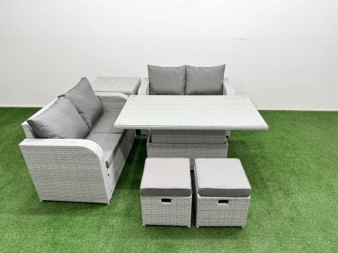 Fimous 6 Seater Outdoor Love Sofa Set Rattan Garden Furniture Set with Adjustable Lifting Dining or Coffee Table 2 Small Stools Side Table Light Grey