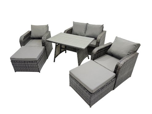 Fimous 6 Seater Garden Outdoor Rattan Furniture Set Rattan Sofa Oblong Dining Table with 2 Big Stools Dark Grey