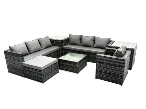 Fimous Rattan Garden Furniture Dining Set 8-seater Patio Coffee Table Sofa Set with 2 Side Tables Big Stool Dark Grey Mixed