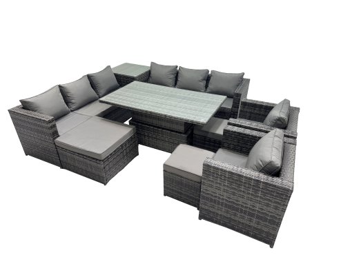 Fimous 11 Seater Outdoor Corner Sofa Height Adjustable Rising Lifting Table Set Garden Rattan Furniture Set with Side Table 3 Stool Dark Grey