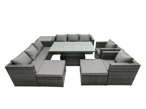 Fimous Rattan Dining Table Sofa Set with Side Table 2 Armchair 2 Stools Outdoor 10 Seat Garden Furniture Set Dark Grey Mixed