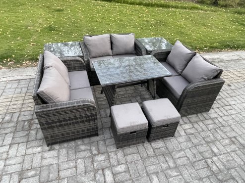 Fimous Outdoor Rattan Garden Furniture Set 8 Seater Patio Love Sofa Set with Rectangular Dining Table 2 Small Footstools 2 Side Tables Dark Grey Mixed