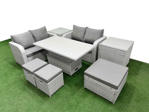 Fimous 7 Seater Outdoor Love Sofa Set Rattan Garden Furniture Set with Adjustable Lifting Dining or Coffee Table 3 Footstool 2 Side Tables Light Grey Image