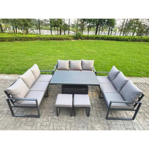 Fimous U-shaped Garden Furniture Set 10-Seater Aluminium Outdoor Dining Set with Adjustable Rising Lifting Dining Table 2 Side Tables Big Footstool Dark Grey