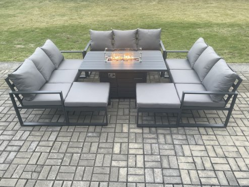 Fimous Aluminium 11 Seater Garden Furniture Outdoor Set Patio Lounge Sofa Gas Fire Pit Dining Table Set with 2 Big Footstools Dark Grey