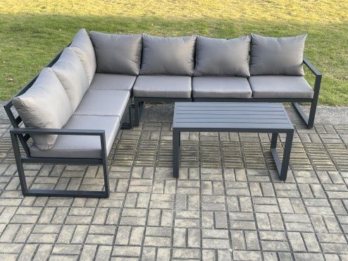 Fimous Aluminium Garden Furniture Set Outdoor Indoor Lounge Corner Sofa Oblong Coffee Table Sets Dark Grey 6 Seater
