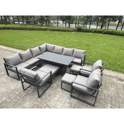Fimous L-shaped Garden Furniture Set 12-Seater Aluminium Outdoor Dining Set with Adjustable Rising Lifting Dining Table 3 Footstools 2 Chairs Dark Grey