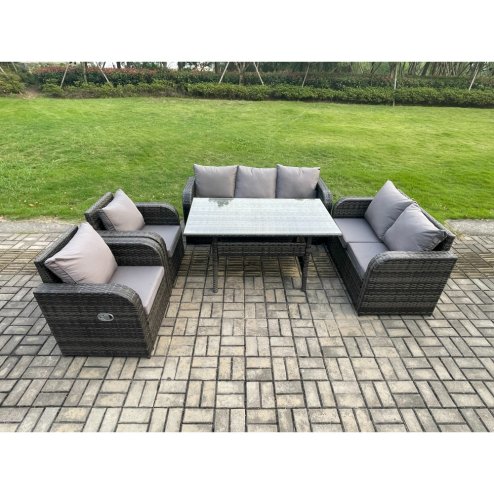 Fimous 7 Seater Lounge Rattan Sofa Set Outdoor Garden Furniture Oblong Rectangular Dining Table With Adjustable Chair Love Sofa Dark Grey Mixed