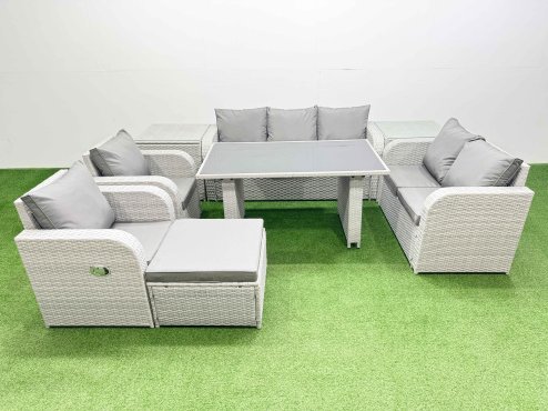 Fimous 9 Seater Garden Furniture Set PE Ratten Garden Sofa Set with Rectangular Dining Table Big Stool 2 Side Tables Light Grey
