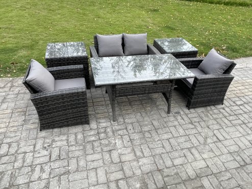 Fimous PE Wicker Outdoor Garden Furniture Set Patio Furniture Rattan Rectangular Dining Table Lounge Sofa with 2 Side Tables