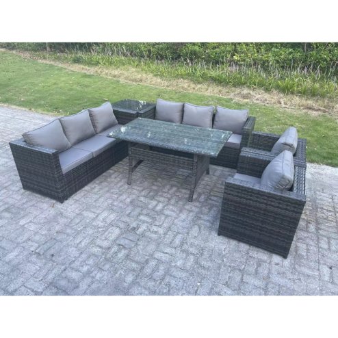 Fimous Outdoor Garden Furniture Rattan Lounge Sofa Set Patio Rectangular Dining Table with 2 Armchair Side Table 8 Seater Dark Grey Mixed