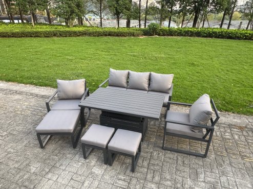 Fimous 8-Piece Aluminium Garden Furniture Sets 7 Seater Outdoor Sofa Set with Adjustable Rising Lifting Dining Table 2 Chairs 2 Big Footstools 2 Side Tables