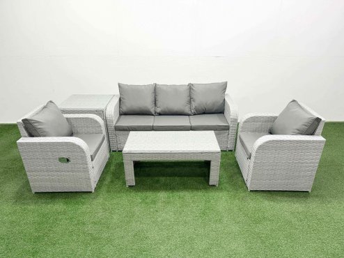 Fimous PE Rattan Garden Furniture Set Reclining Chair Sofa Lounge Sofa Set Rectangular Coffee Table Side Table Light Grey