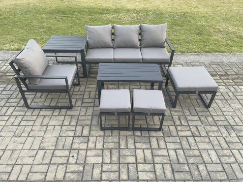 Fimous Aluminium 7 Pieces Garden Furniture Sofa Set with Cushions 7 Seater Outdoor Patio Set with Armchair 3 Footstools Side Table Dark Grey