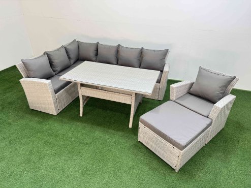Fimous 8 Seater Rattan Garden Furniture Set Outdoor Patio Dining Corner Sofa Sets with Dining Table Chair Big Footstool Light Grey Mixed
