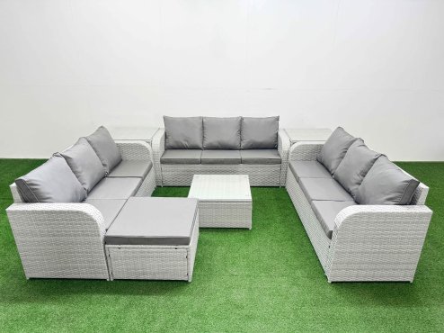 Fimous PE Rattan Lounge Sofa Set 10 Seater Outdoor Garden Furniture Set with Square Coffee Table 3 Seater Sofa Big Footstool 2 Side Table Light Grey