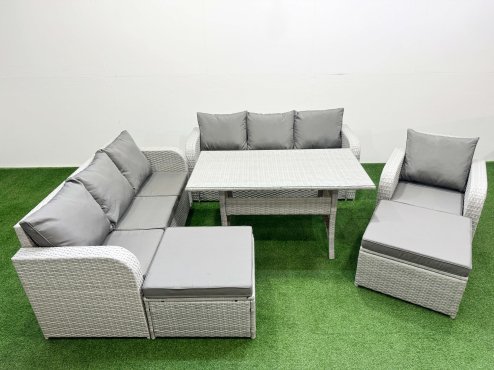 Fimous 9 Seater Poly Rattan Outdoor Garden Furniture Rectangular Dining Table Sofa Set Patio 3 Seater Sofa Reclining Chair 3 Seater Sofa 2 Big Footstools Light Grey