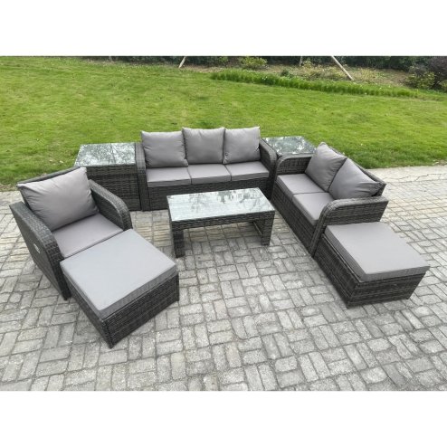 Fimous 8 Seater High Back Rattan Garden Furniture Set with Reclining Chair Rectangular Coffee Table 2 Side Tables 2 Big Footstool Indoor Outdoor Patio Lounge Sofa Set Dark Grey Mixed