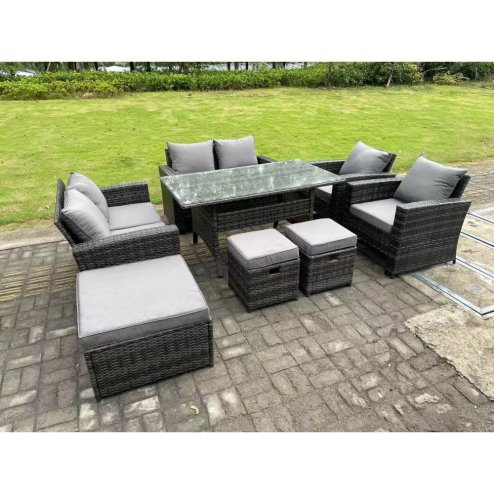Fimous 9 Seater Dark Grey Mixed High Back Rattan Sofa Set Dining Table Garden Furniture Outdoor With Arm Chair Love Seat