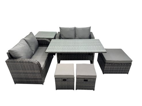 Fimous Wicker PE Rattan Garden Outdoor Furniture Set Love Sofa Dining Table Sets with 3 Stools Side Table Dark Grey Mixed