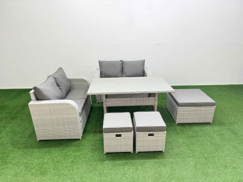 Fimous 7 Seater Outdoor Love Sofa Set Rattan Garden Furniture Set with Rectangular Dining Table 3 Footstool Light Grey