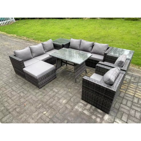 Fimous Wicker Rattan Outdoor Furniture Lounge Sofa Garden Dining Set with Dining Table 2 Side Tables Big Footstool Armchairs 9 Seater Dark Grey Mixed